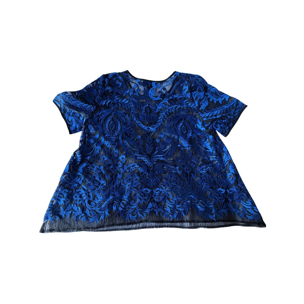 Karen‎ Kane Womens Blue Black Embroidered Sheer Mesh Blouse Short Sleeve Medium - Picture 2 of 7